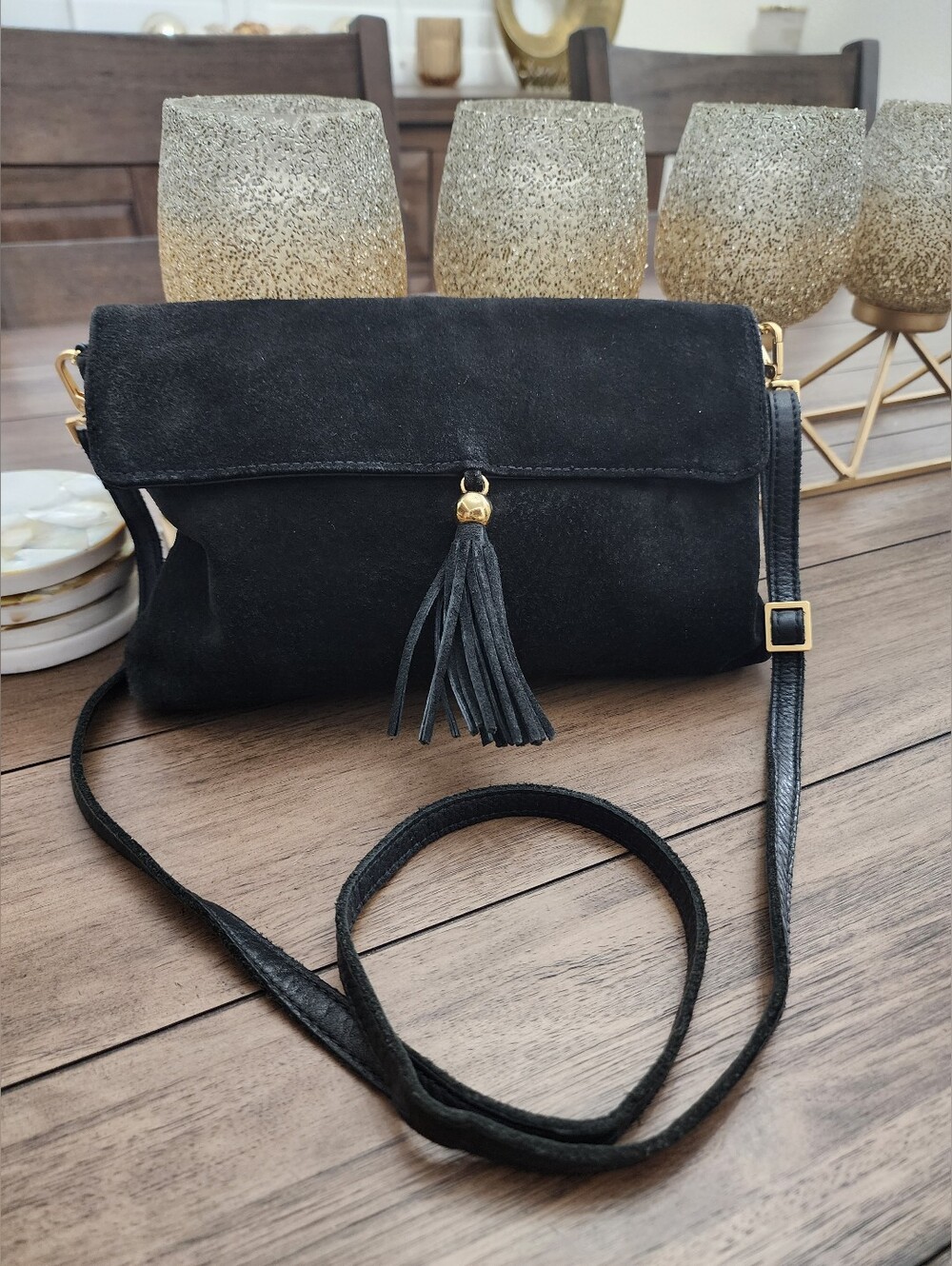 Black Suede Leather Crossbody Bag with Tassel And Removable Strap